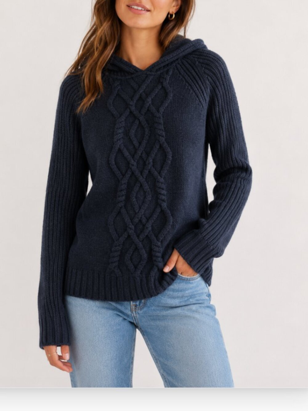Athleta Cold Spell Extra Fine Merino Wool Cable Knit Hoodie Sweater Black Size S